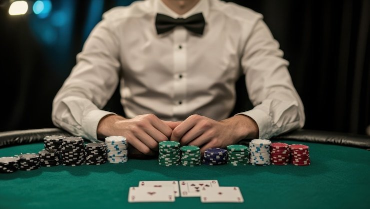 Meja Sic Bo live dengan dealer dan tiga dadu di studio gacor305